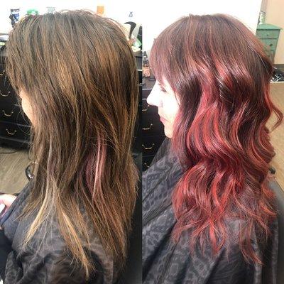 A pop of red balayage to add some edge!