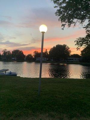 The pond when the sun is going down.