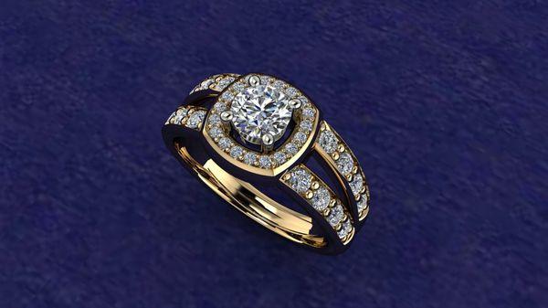 Ladies cushion halo with round diamond wedding ring.