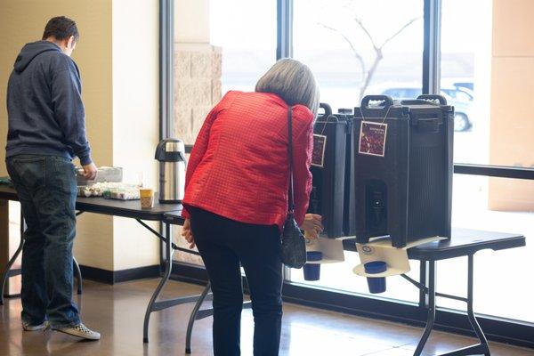 Enjoy free coffee in the lobby which you can take into the sanctuary.