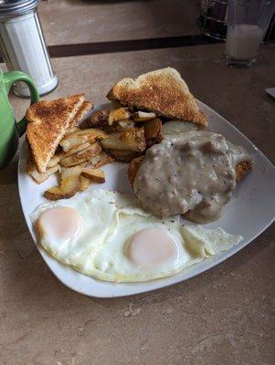 Chicken fried steak, over easy eggs, country potatoes and toast... My favorite and great homemade flavor. $18.00