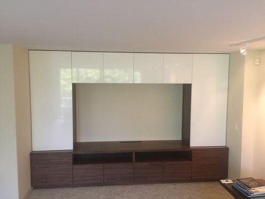 Walnut and High Gloss built in entertainment center- Waikiki