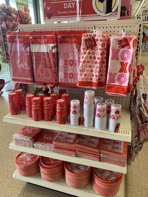 Valentine's Day cups, plates, napkins, and towels