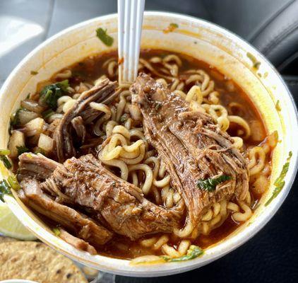 The surprise in the bottom of the ramen birria