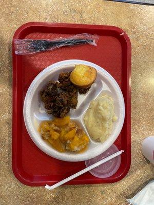 Chicken livers, mashed potatoes and peach cobbler