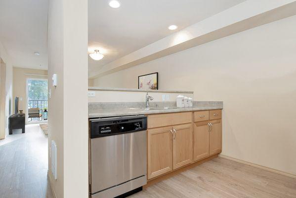 Apartment kitchen with stainless steel dishwasher