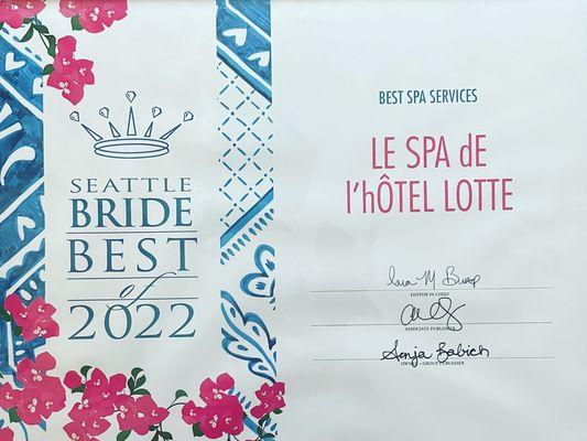 Winner for 2022 From Seattle Bride 
Best SPA Services in Western Washington