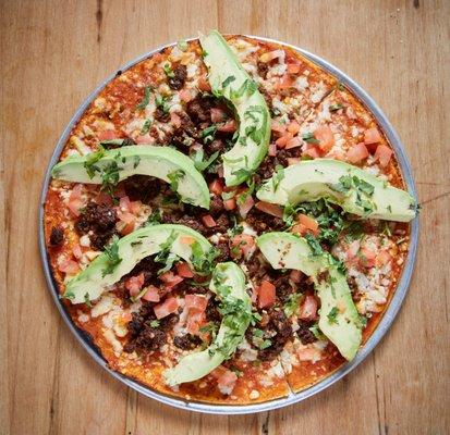 Spicy marinara sauce and cheese, Manchego, avocado and spicy chorizo (crumbled), and cilantro.