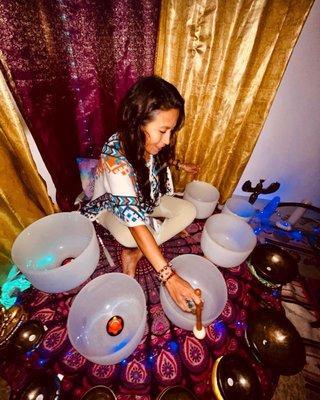 Playing Crystal Bowls and Tibetan Himalayan Bowls at Studio in Torrance, CA