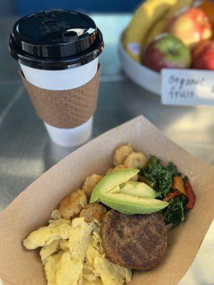 Breakfast Bowl made with organic cage-free brown eggs (or organic non gmo tofu scramble to make vegan) locally grown kale and peppers, avo