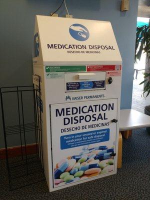 If you need dispose of your old medications you can take them to a Kaiser location and drop them into these boxes.