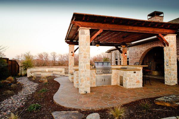 Pergola, Outdoor Kitchen, and Belgard Mega Arbel Pavers, Prosper, TX