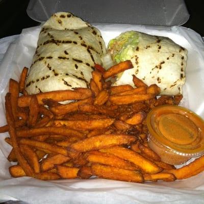 Veggie wrap and sweet patotoe fries to go...