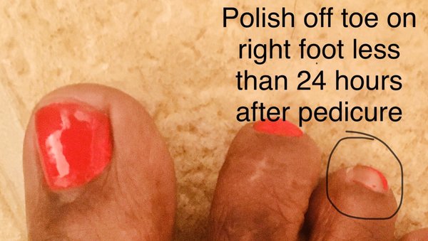 Polish off toe on right foot soon after pedicure.