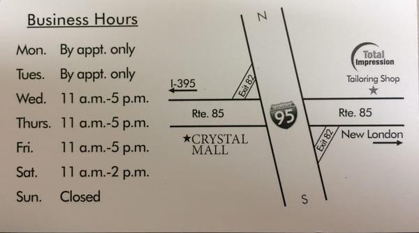 Located off I-95 exit 82 head away from Crystal Mall. 9th house on the left. Look for the Sign.