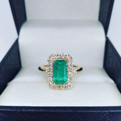 Breathtaking Custom 18k Gold & Diamond Halo set Natural Emerald Ring : )