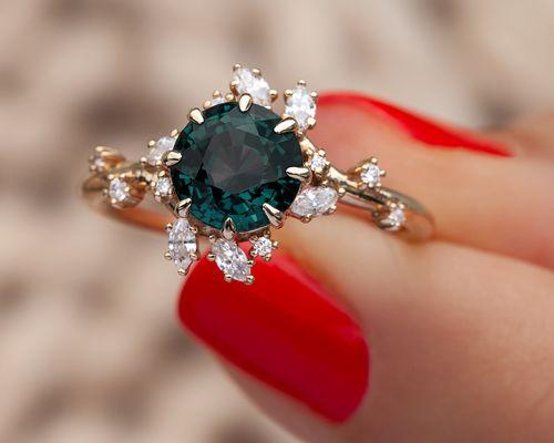 Teal Sapphire and White Diamond Cluster Primrose Ring