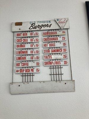 Vintage (circa 1950s or 1960s) menu with prices.