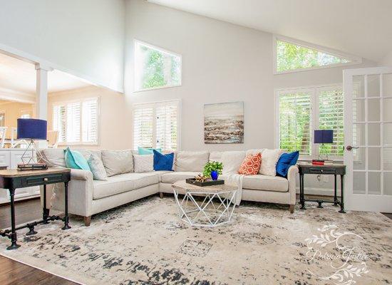 Transitional modern living room, neutral with pops of color, remodeled 1970's home, light and airy