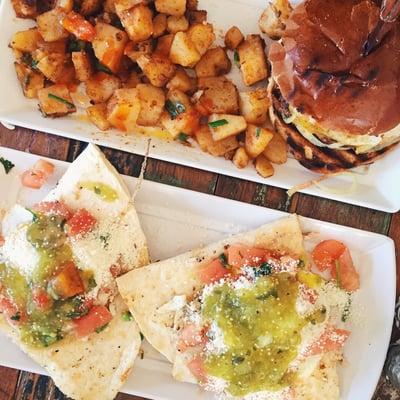 Breakfast burger and breakfast quesadilla