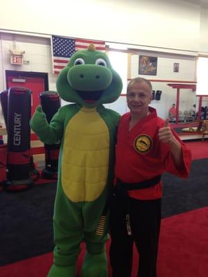 Grand Master and Tokyo Joe's Mascot, The Little Iguana celebrating our grand opening at our new state of the art facility.