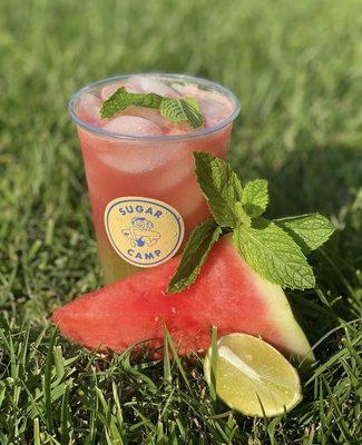 Melon Camp is our Summer in a Cup. It's Freshly Blended watermelon and mint with a spritz of lime.