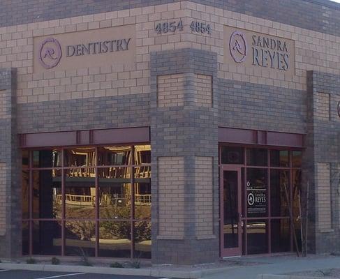 Outside Dr. Reyes dental office. Clear signage from Pierpont Street. North of Baseline. Across from Solana Condominiums.