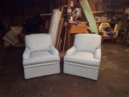 A matching pair of lounge chairs I reupholstered for a client in Rye ,NH