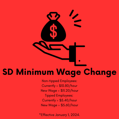 SD minimum wage changes beginning January 1, 2024: