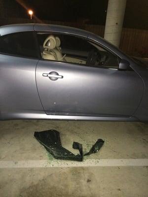 This car had been broken into WHILE inside the complex "secure" parking lot