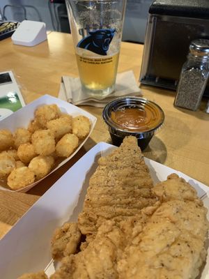 Chicken tenders and tots cooked perfectly.