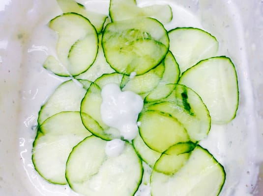 Home-made Cucumber Sauce for GYRO. INCLUDES; sour cream mayonnaise lemon, dill, cucumber, salt and pepper. & secret ingredient.