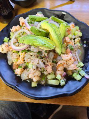 Ceviche with steam cooked shrimp and raw shrimp cooked in lemon with chile piquin. Mouth is watering!