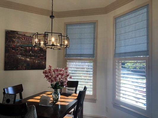 Installed these beautiful roman shades over cafe shutters. Custom shades are incredible.