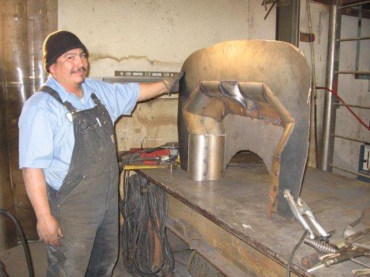 Carlos is fabricating a custom firewall for a 1940 Chevy.