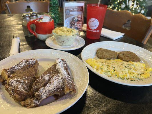 Gotta try! French toast, scrambled eggs/sausage and Gouda/Bacon Grits