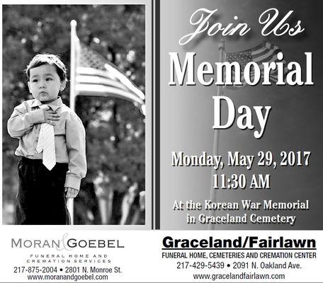 Join Us Memorial Day, May 29th at 11:30 AM