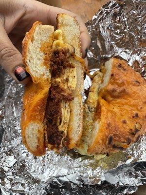 Chorizo B-Egg-l on a cheese bagel. Delicious!