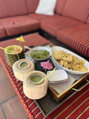 Frozen coconut mojitos served in pineapples and coconuts plus the best guacamole and chips!