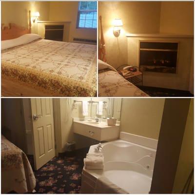 King "Suite" w/ electric fireplace & large jet tub right in the corner of the "bedroom" - efficient use of space. :D