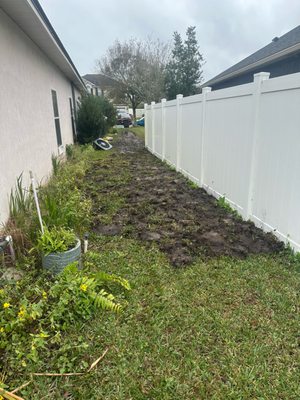 trench runs off into this, customer wanted Alcantara Landscaping to fix this eyesore caused by another company