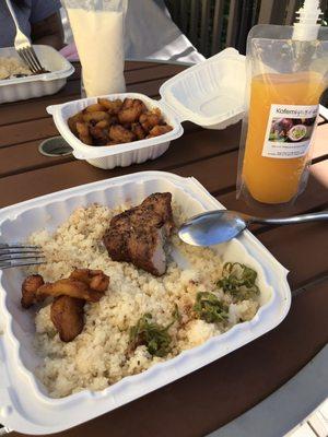 Fried Spicy Tuna with Cassava Couscous and Fried Plantains with Soursop and Passion Fruit homemade juices