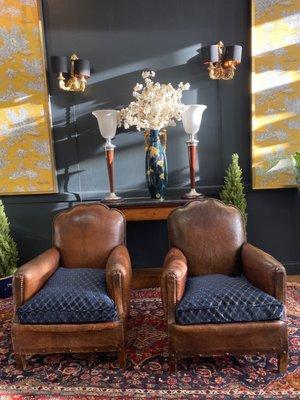 Art Deco leather club chairs - imported from France - new Christian Lacroix Nimes fabric cushion - circa 1930