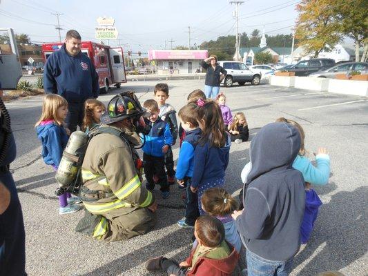 October was fire safety month. The kids were able to get up close and see the fire gear, fire trucks, and rescue.