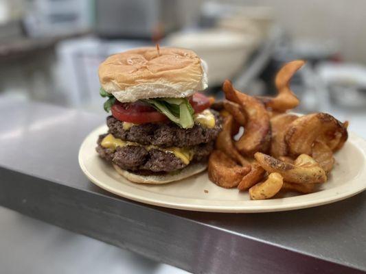 Double cheeseburger and French Fries