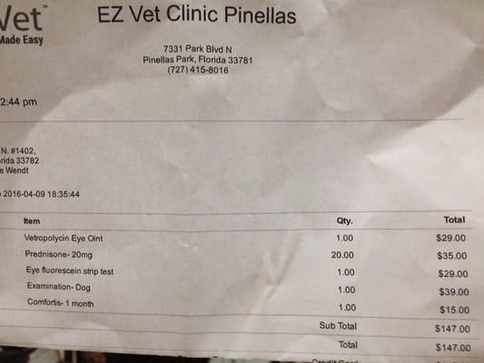 Copy of my bill so you can compare costs at your vet. Diagnosis was flea allergy and eye infection from scratching.