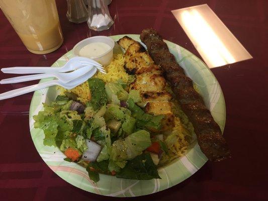 7$ plate of kabob and shishtaook chicken with a mango lasse. It is really good.