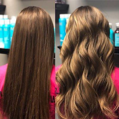 Before and after of a honey blonde balayage