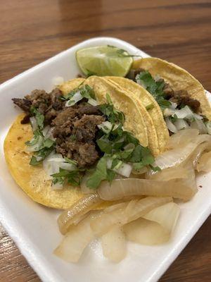 Fajita tacos- corn tortilla, cilantro, onions