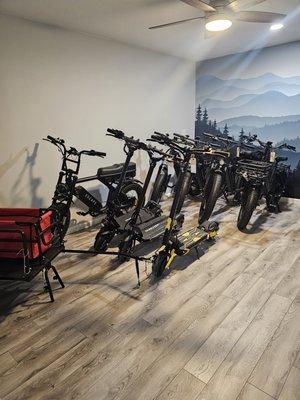 Electric Bikes and Electric Scooters in the showroom